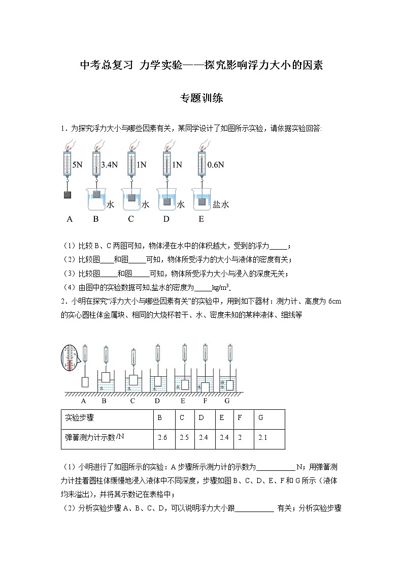 2022年中考物理总复习力学实验——探究影响浮力大小的因素专题训练(无答案)01