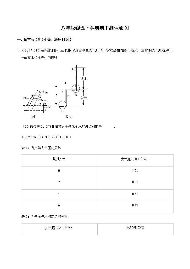 八年级物理下学期期中测试卷01（河南专用）