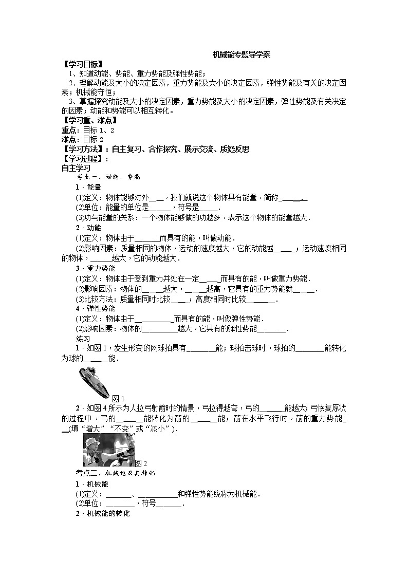 2022年中考物理专题机械能复习导学案第1页