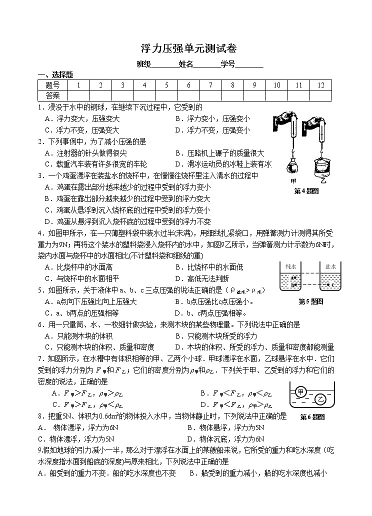 2021-2022学年苏科版初二物理下册第十章《压强和浮力》单元测试(无答案)第1页