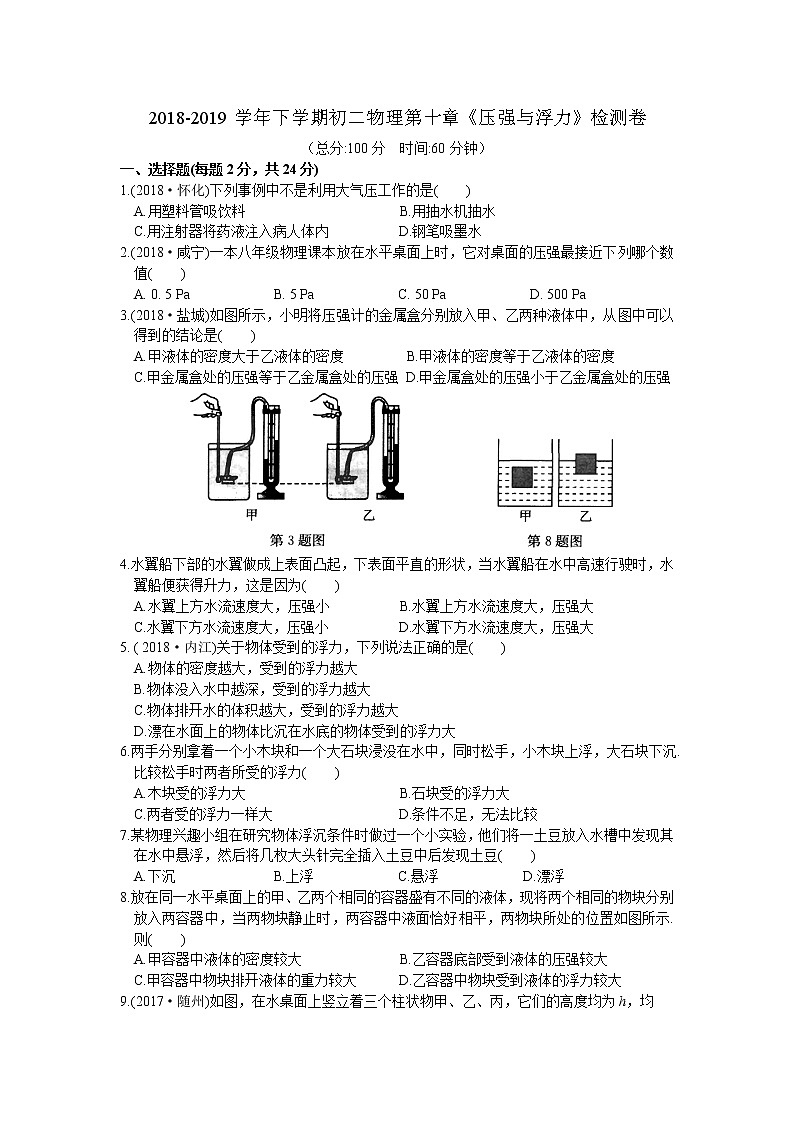 2021-2022学年苏科版初二物理下册第十章《压强与浮力》检测卷(含答案)第1页