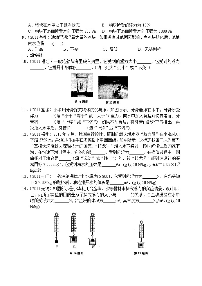 2021-2022学年苏科版初二物理下册第十章《压强和浮力》练习卷(浮力)(含答案)第2页