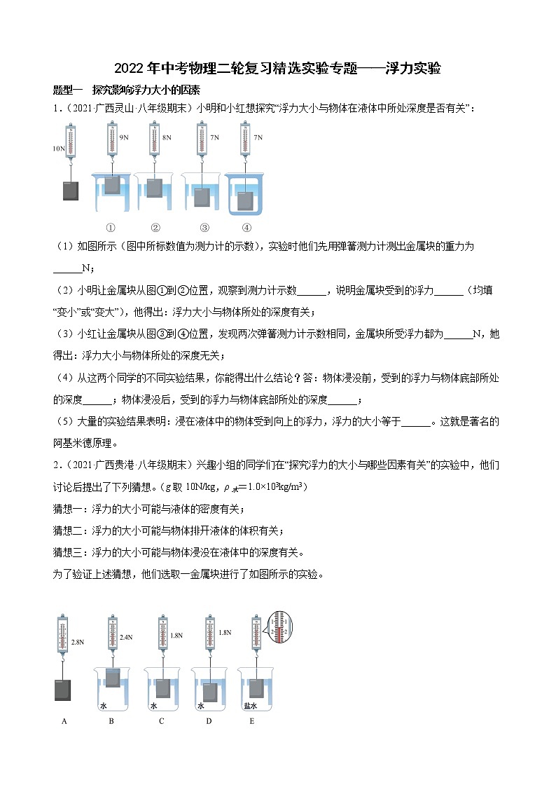 2022年中考物理二輪復習精選實驗專題——浮力實驗第1頁