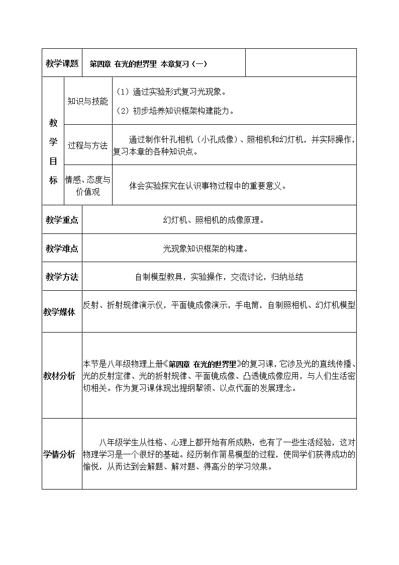 教科版八年级物理上册 第四章 在光的世界里 本章复习(一) 教案01
