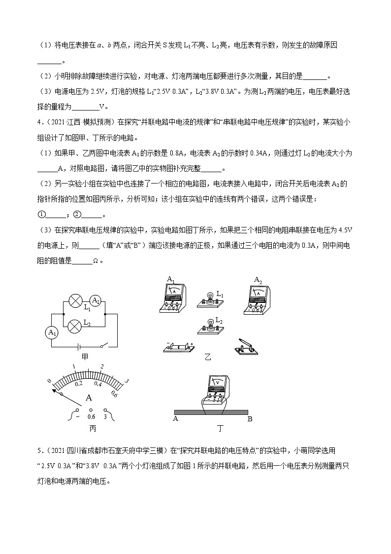 2022年中考物理二轮复习实验专题练习——电流和电路电压电阻02