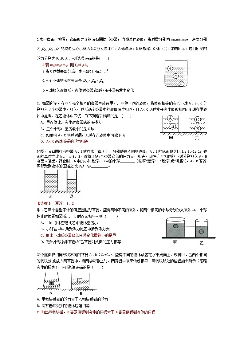 2021-2022学年苏教版初二物理下册压轴汇编第14课 浮力1(含答案)练习题第2页