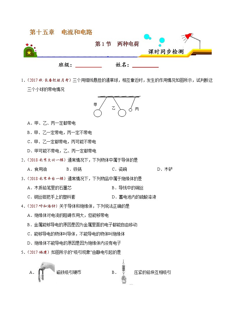 专题15.1 两种电荷-九年级物理人教版(原卷版)01