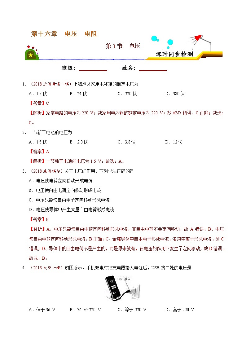 专题16.1 电压-九年级物理人教版(解析版)01