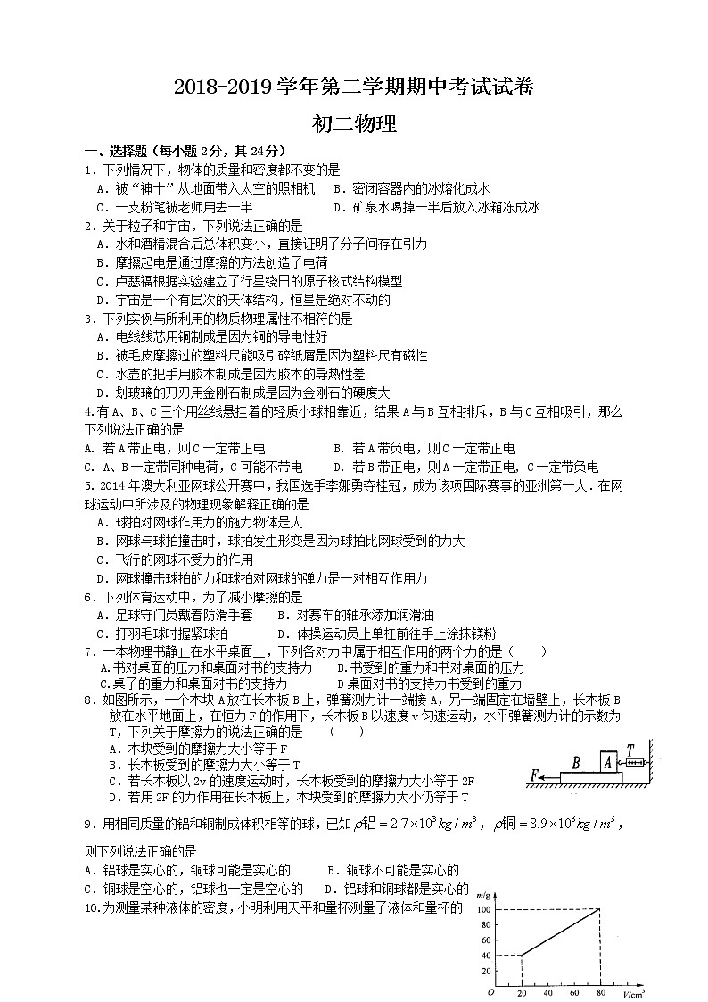 苏州市高新区2018-2019学年第二学期初二物理期中考试试卷(含答案)第1页