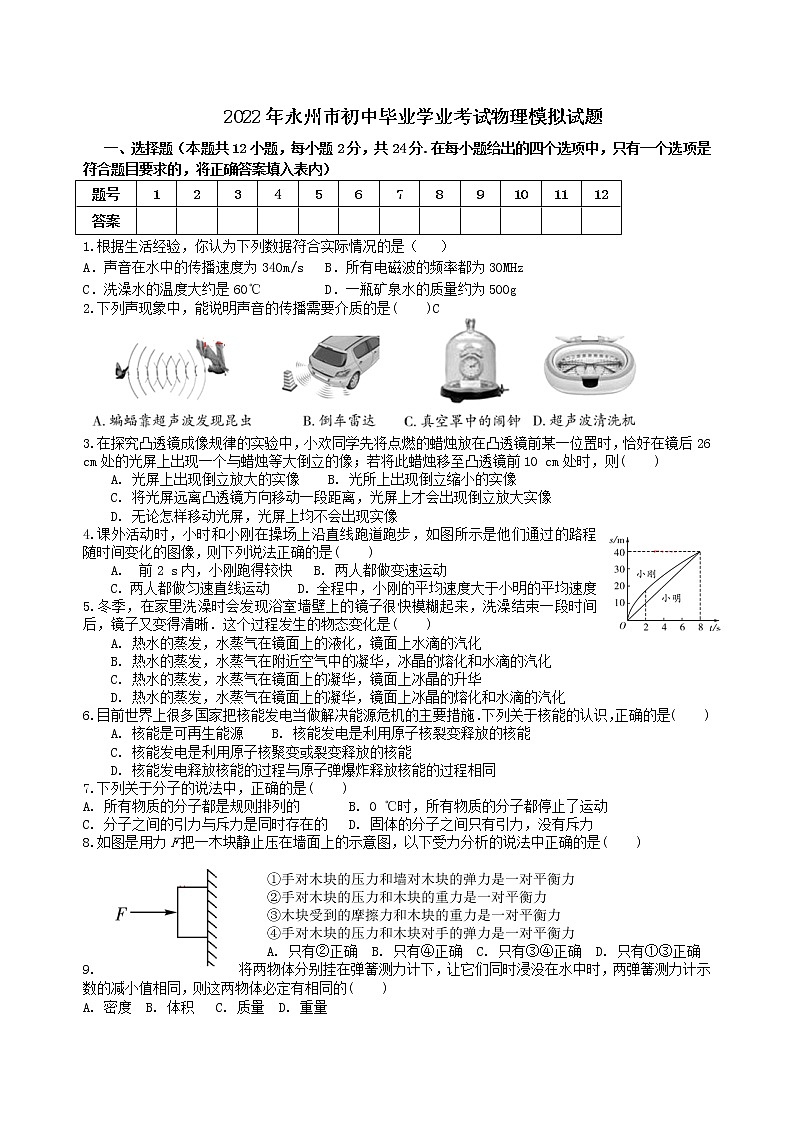 2022年湖南省永州市初中毕业学业考试物理模拟试题(word版含答案)第1页