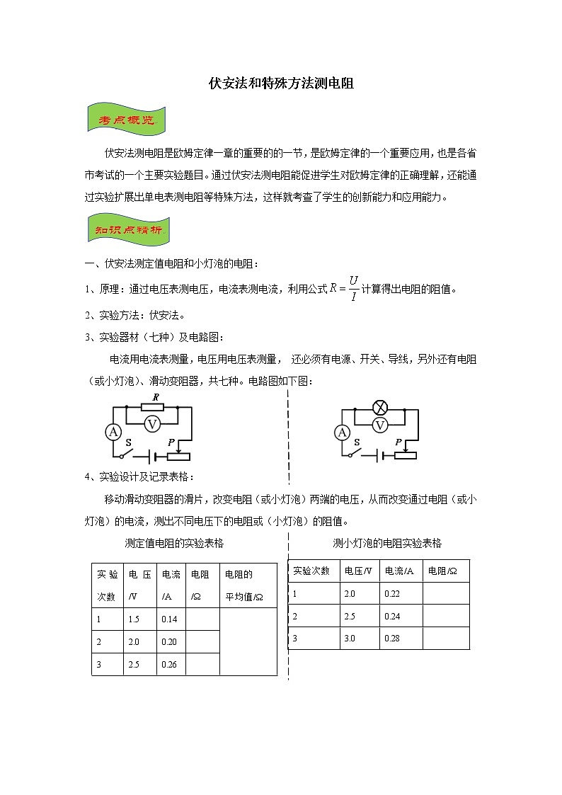 2021-2022学年初中物理中考专项:伏安法和特殊方法测电阻(考点概览+知识精析+常考题型+跟踪训练+答案解析)01