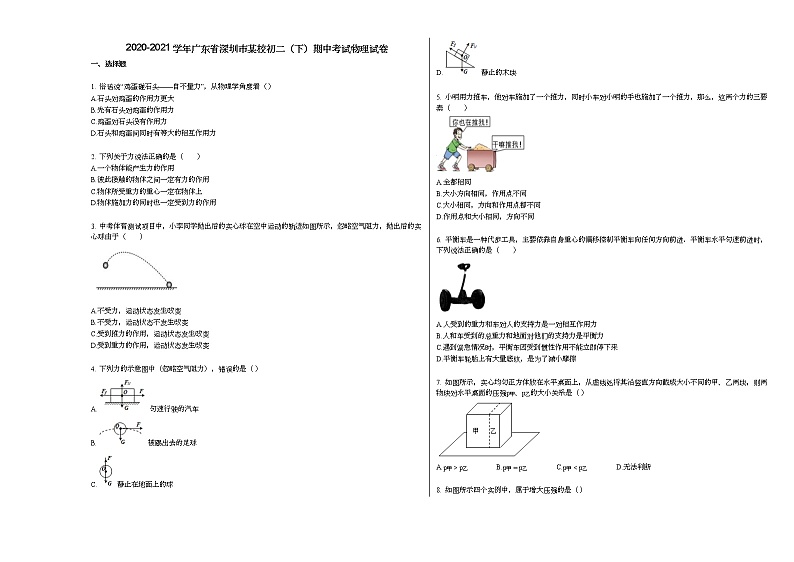 2020-2021学年广东省深圳市某校初二(下)期中考试物理试卷人教版第1页