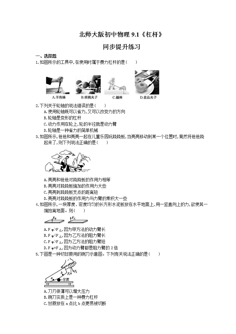 北师大版物理八年级下册9.1《杠杆》同步提升练习(含答案)01