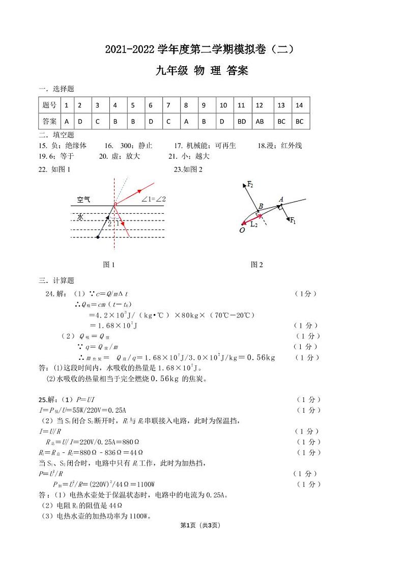2021-2022第二学期九年级物理模拟卷(二)答案第1页