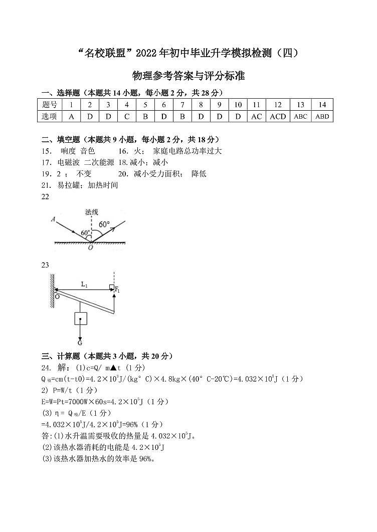 2022年辽宁省大连市“名校联盟”初中毕业升学模拟考试物理试卷(四)01