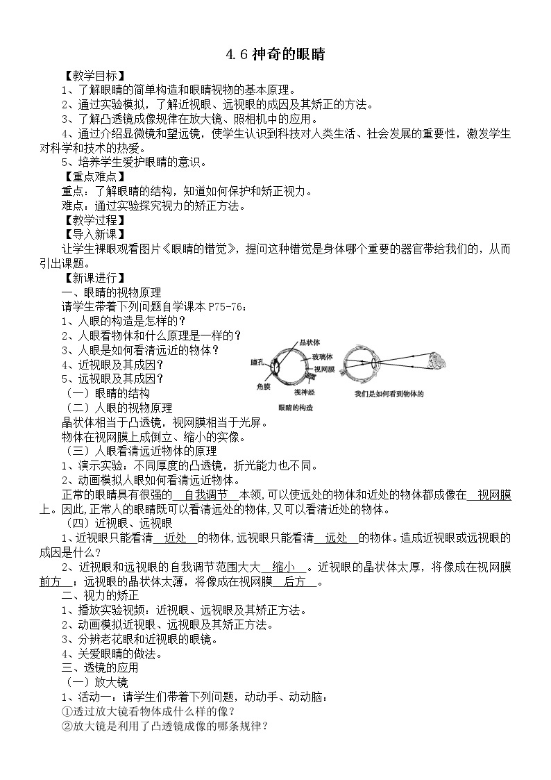 沪科版八年级物理 4.6神奇的眼睛 教案01