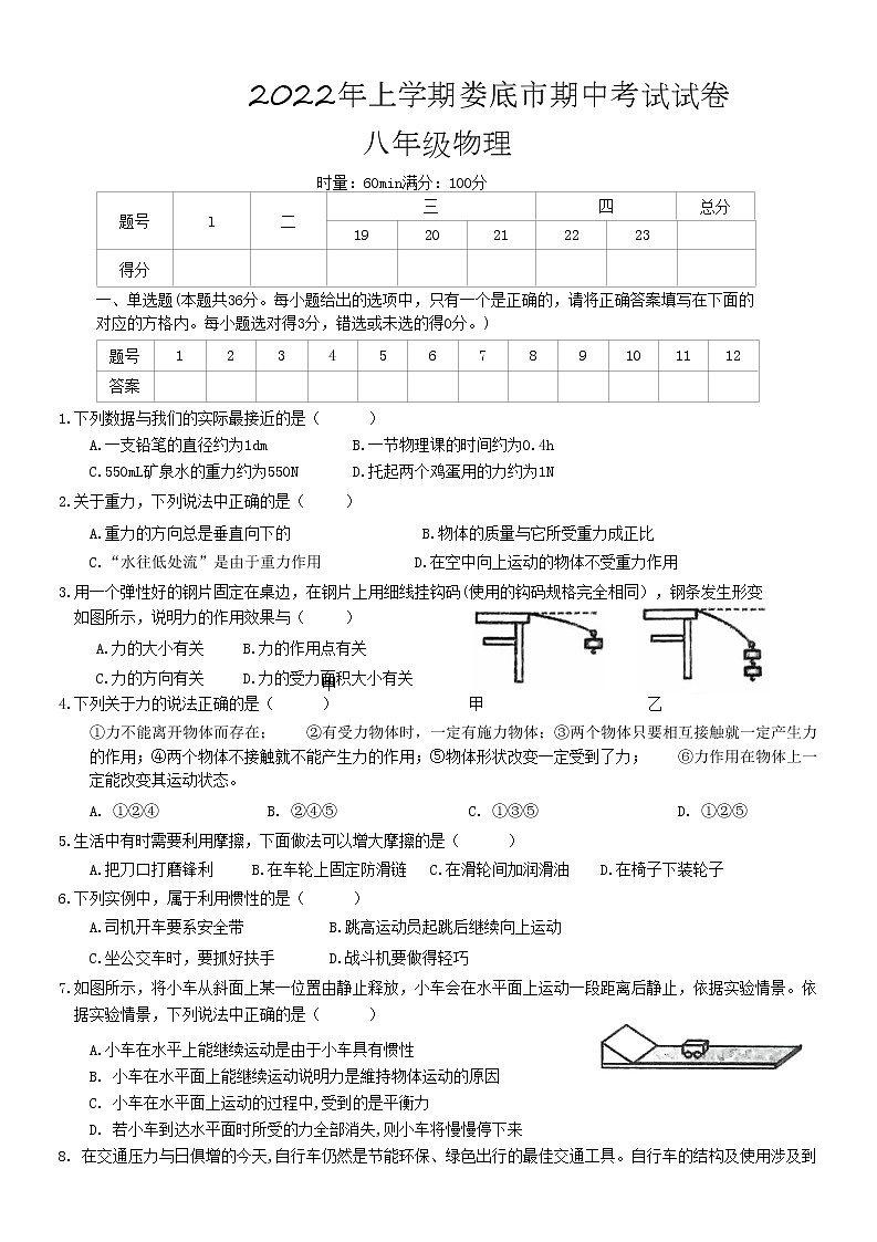 湖南省婁底市2021-2022學(xué)年八年級下學(xué)期期中考試物理試題 (word版含答案)第1頁