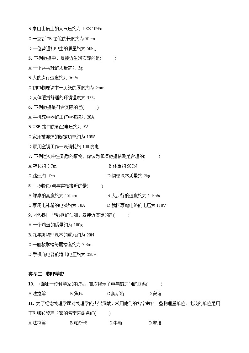 人教版中考物理二轮专题突破复习—专题突破一 估测题 物理学史(含答案)第2页