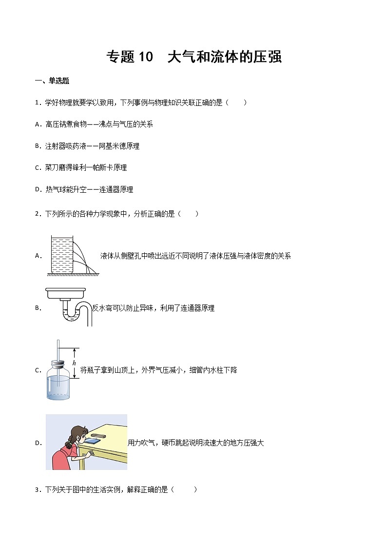 專題10 大氣和流體壓強(qiáng)（精選習(xí)題）（原卷版）第1頁