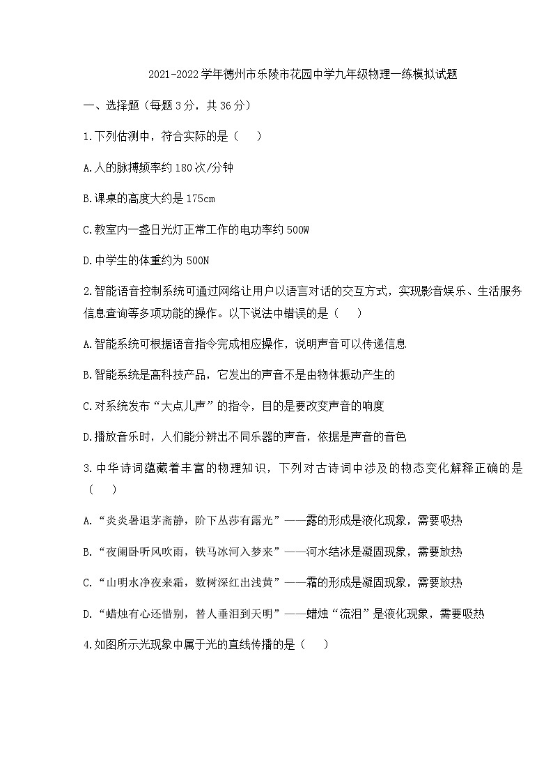 2022年山东省德州市乐陵市花园中学九年级物理一练模拟试题01