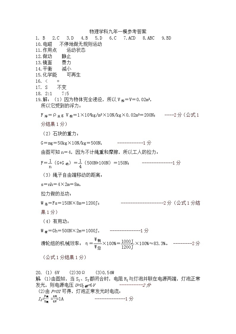 2022年辽宁省沈阳市沈北新区中考一模拟考试物理试卷01