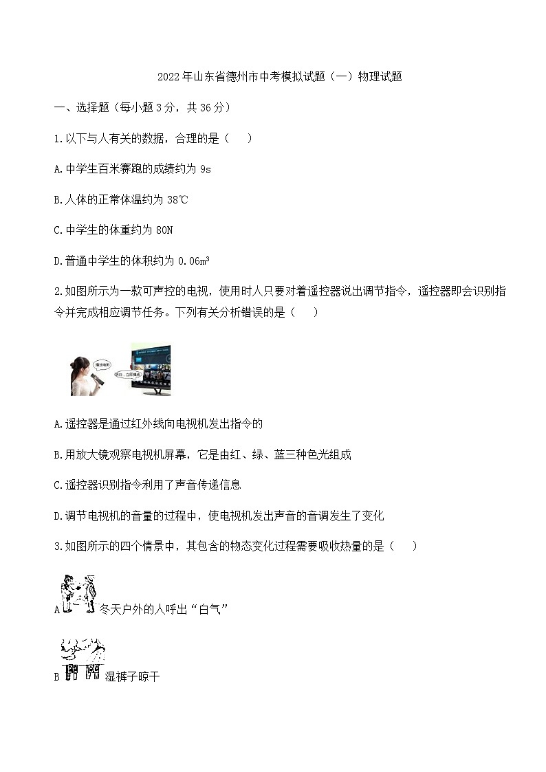 2022年山东省德州市中考模拟试题(一)物理试题(word版无答案)01