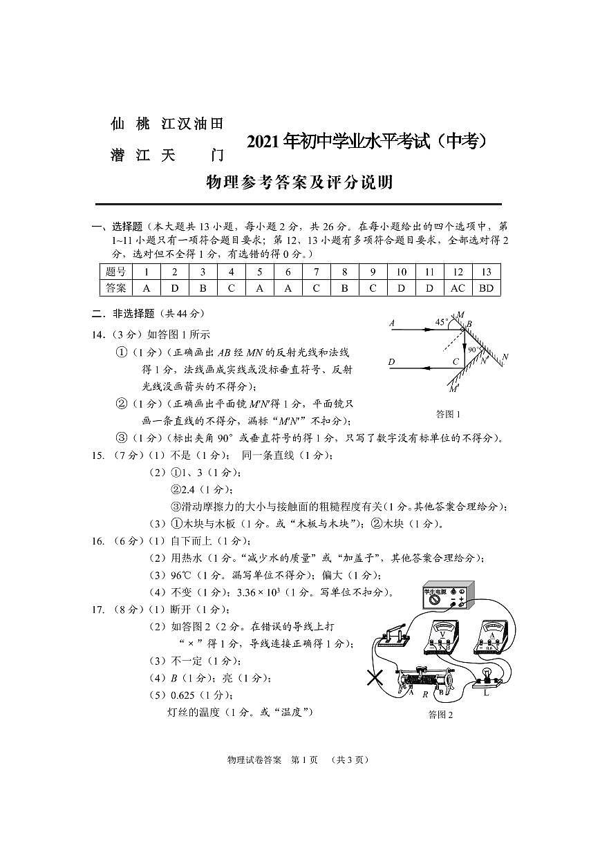 2021年湖北省仙桃、江漢油田、潛江、天門市中考物理真題答案第1頁
