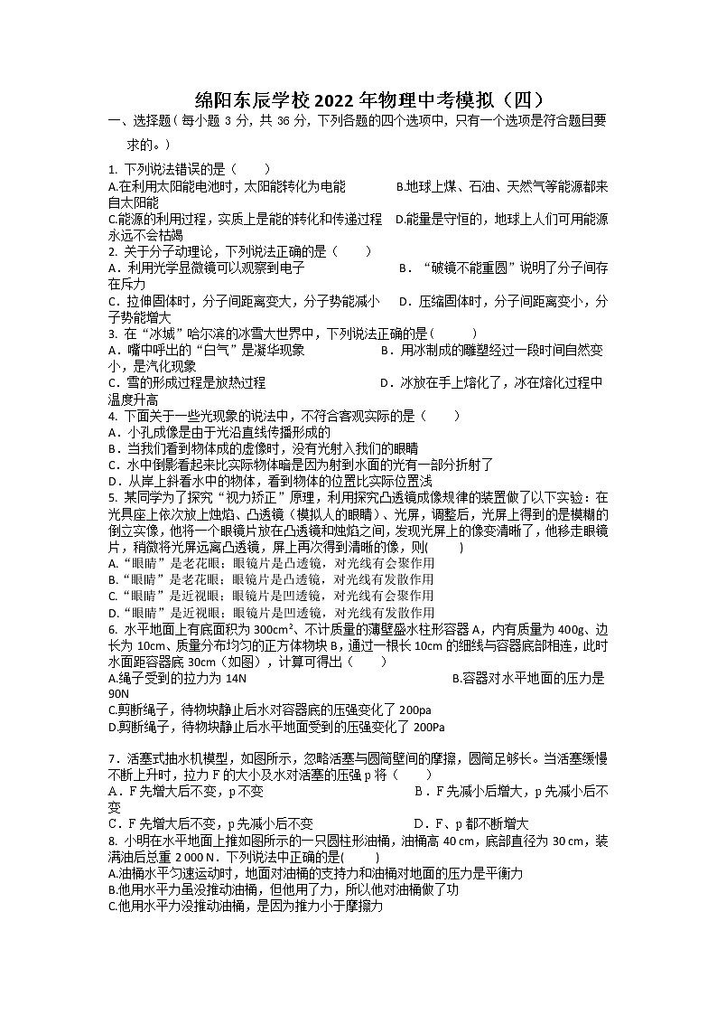2022年四川省绵阳东辰国际学校中考物理模拟试卷4(无答案)第1页