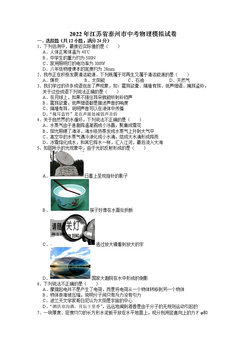 2022年江苏省泰州市中考物理模拟试卷(有答案)01