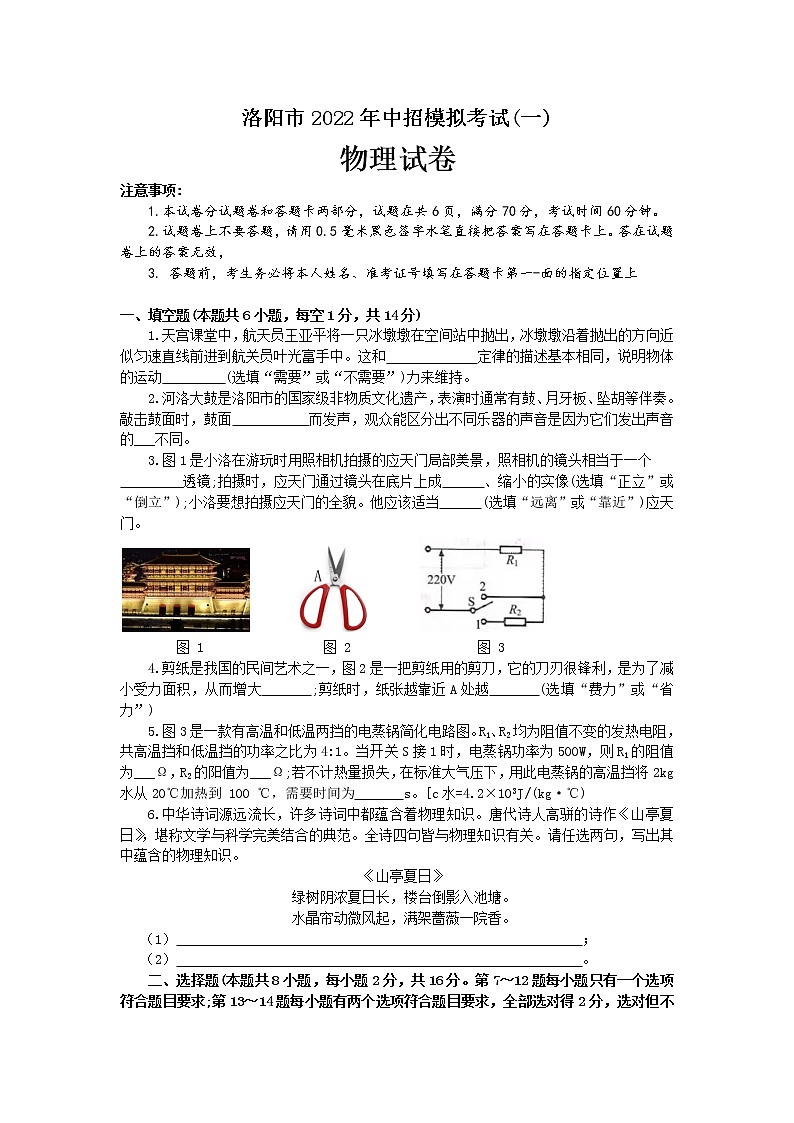 2022年河南省洛阳市中招模拟考试(一模)物理试卷(word版含答案)第1页