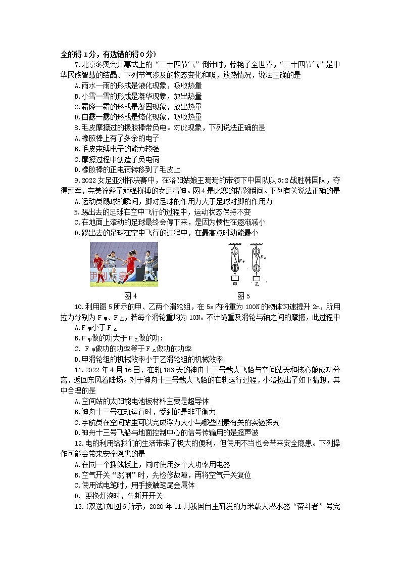 2022年河南省洛阳市中招模拟考试(一模)物理试卷(word版含答案)第2页