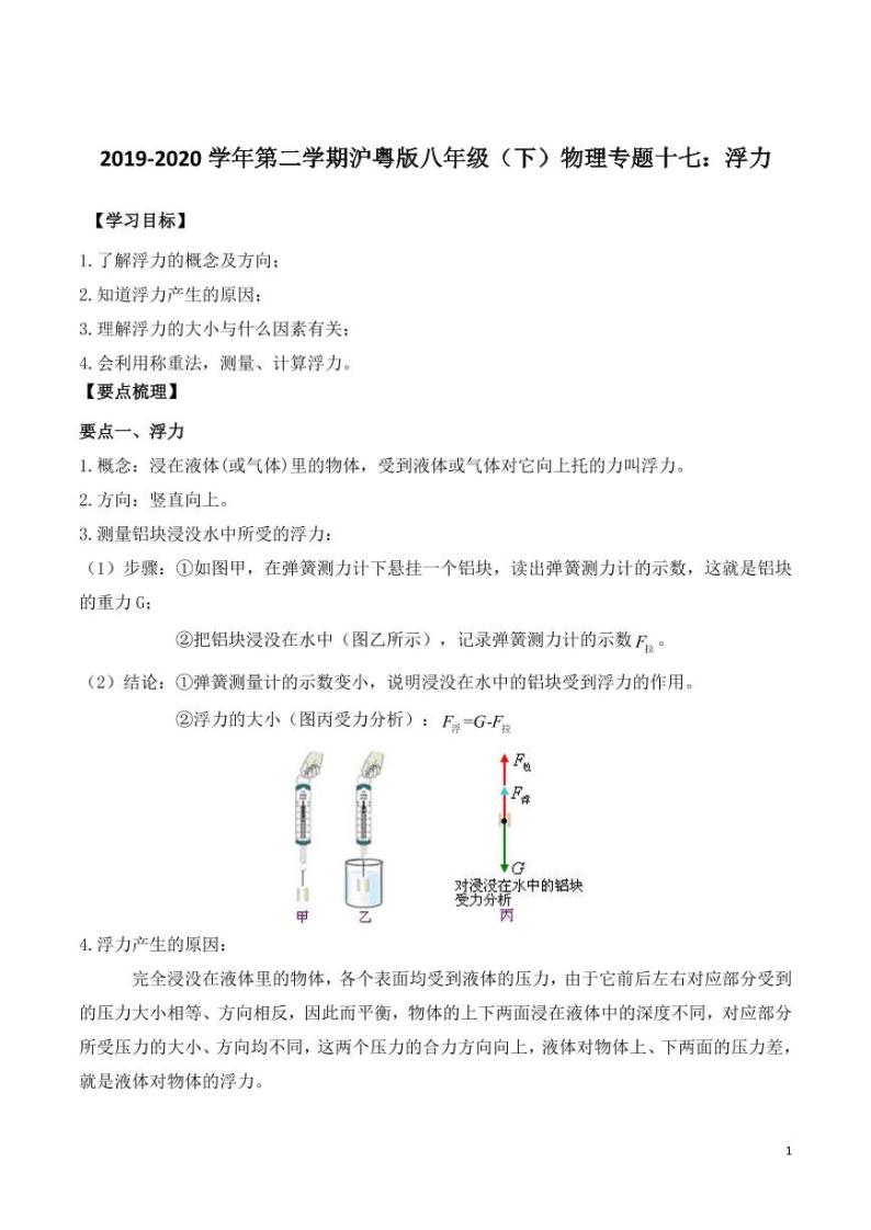 2019-2020学年八年级物理下册专题十七浮力知识点总结及习题精练（pdf，含解析）粤教沪版01