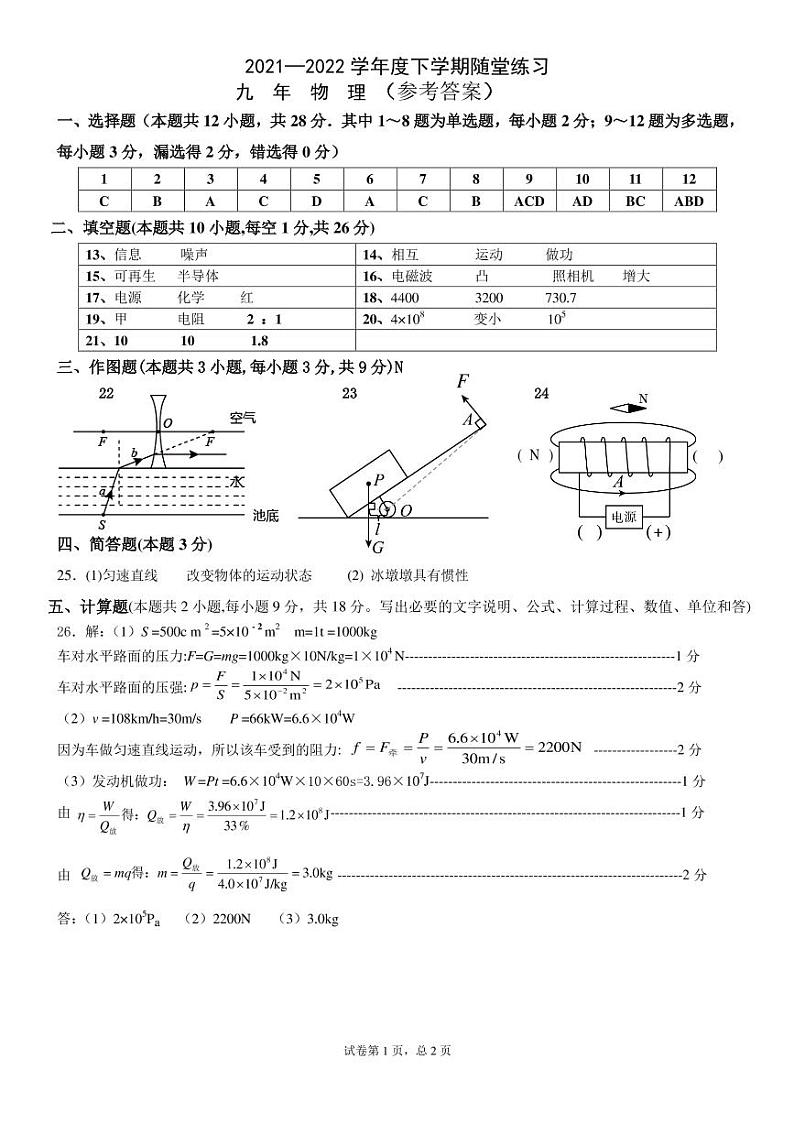2022年辽宁省铁岭市开原、昌图等市中考物理模拟试卷(一)(有答案)01