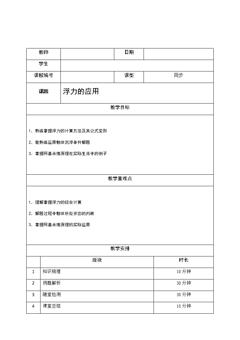 沪教版初中物理九年级专题复习知识点专练-06-浮力的应用教案02