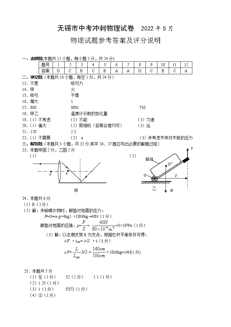 江苏省无锡市2022年中考冲刺物理试卷参考答案第1页