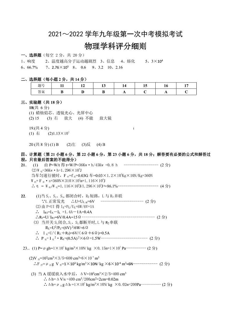 2022年安徽省淮南市东部地区第一次中考模拟物理答案第1页