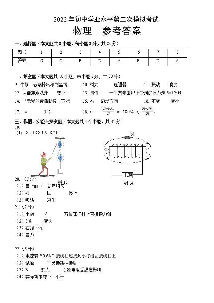 西山区二模物理参考答案第1页