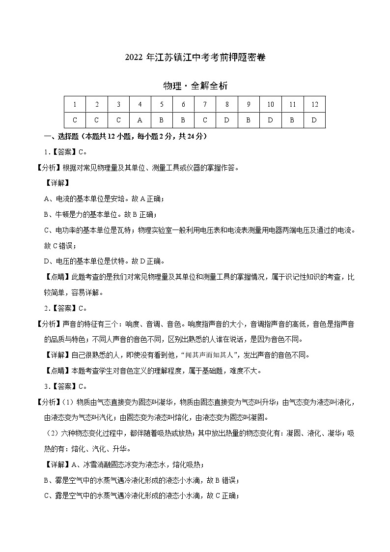 物理-2022年江苏镇江中考考前押题密(原卷+全解全析+答题卡)01