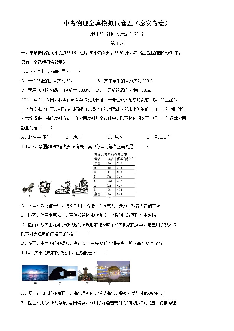 2022年中考物理全真模拟试卷五(山东卷)(附答案)第1页