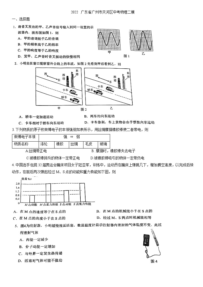 2022年广东省广州市天河区物理中考二模 有答案 试卷01