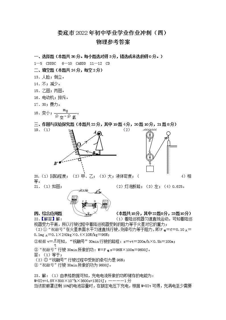 湖南省娄底市2022年初中毕业学业作业冲刺(四)物理答案第1页