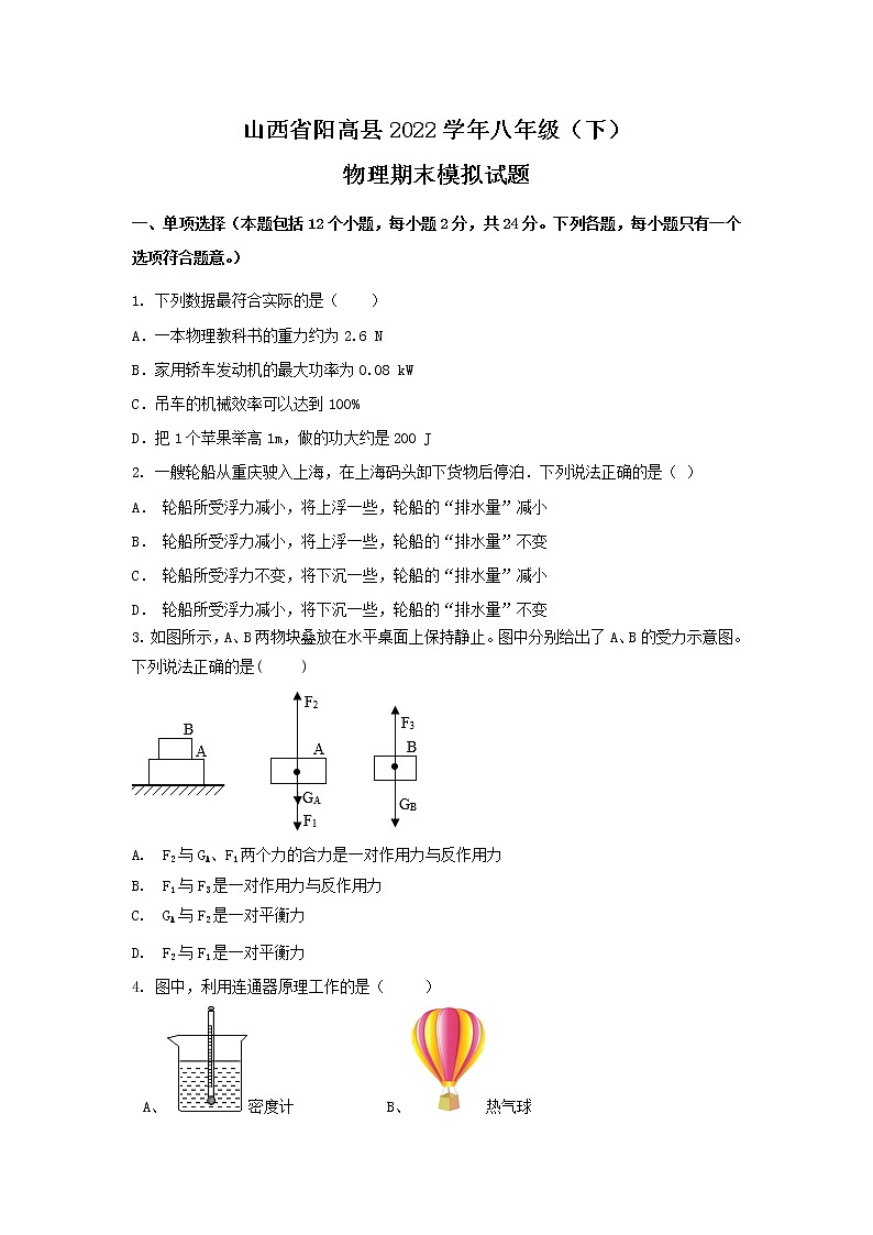 山西省大同市阳高县2021-2022学年八年级下学期期末模拟物理试卷第1页
