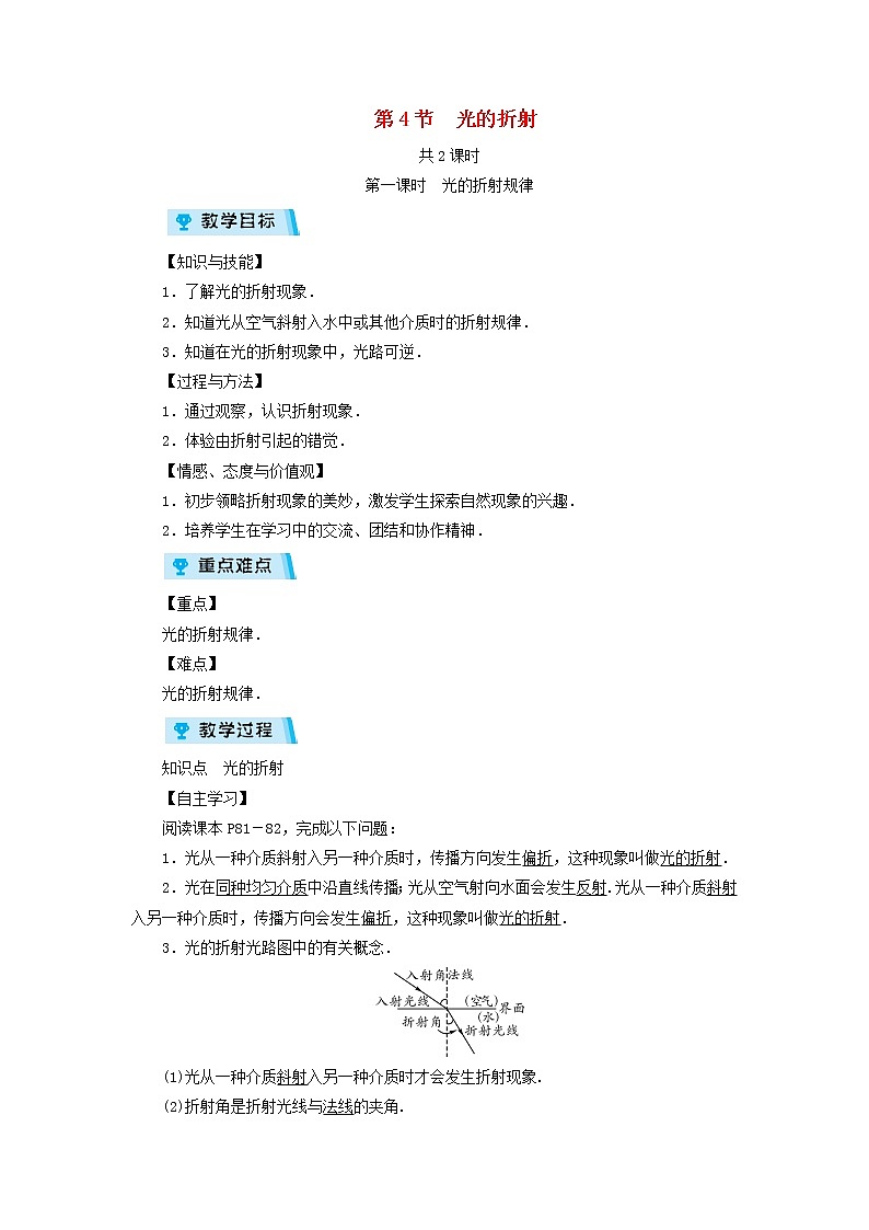 2022新人教版八年级物理上册第4章第4节光的折射教案第1页