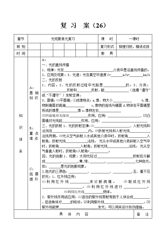 人教版八年级物理 上册 第四单元 光现象复习 教案01