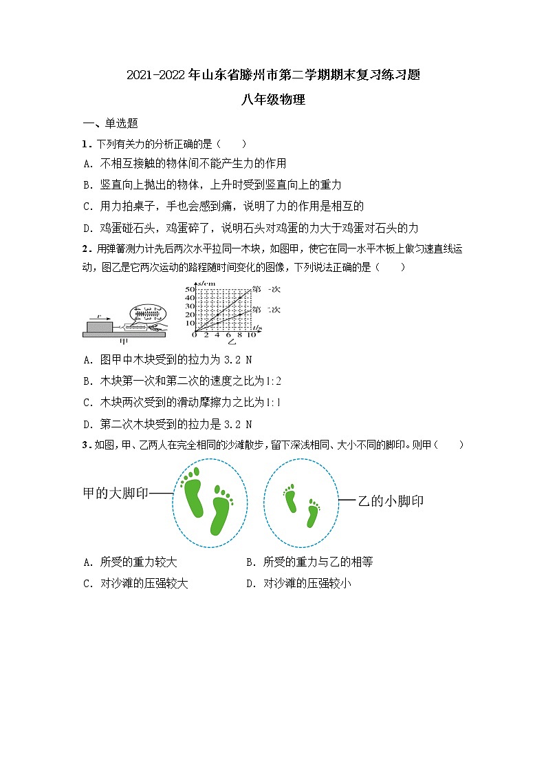 山东省滕州市2021-2022学年八年级下学期期末复习物理练习题(无答案)第1页
