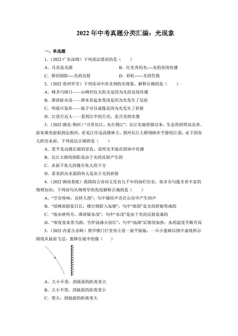 2022年中考物理真题分类汇编之光现象附真题答案第1页