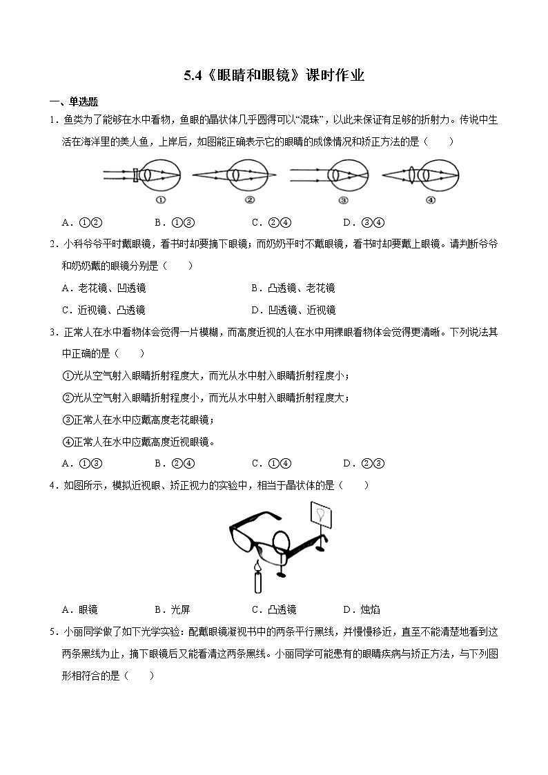 人教版物理八年級上冊 5.4 （同步練習(xí)）眼睛和眼鏡（原卷版）第1頁