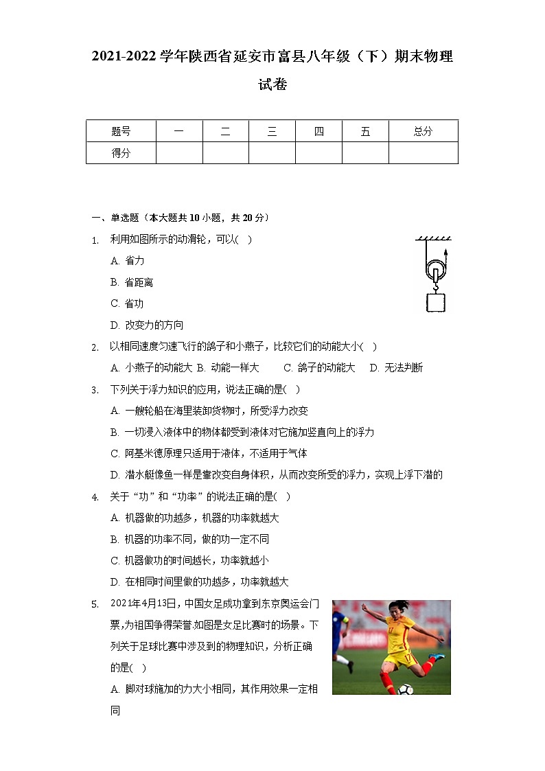 2021-2022学年陕西省延安市富县八年级(下)期末物理试卷(含解析)第1页