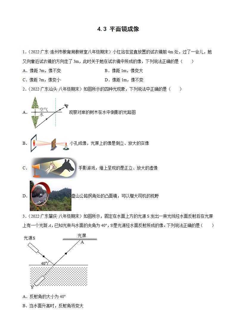 2021-2022学年八年级上学期人教版物理--4.3 平面镜成像 期末试题分类选编 (广东省专用)01