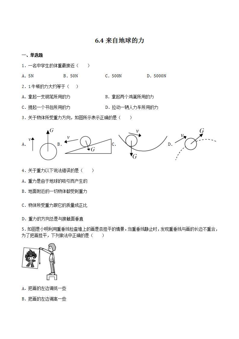 6.4来自地球的力 课件+作业八年级物理上册 沪科版八上物理01